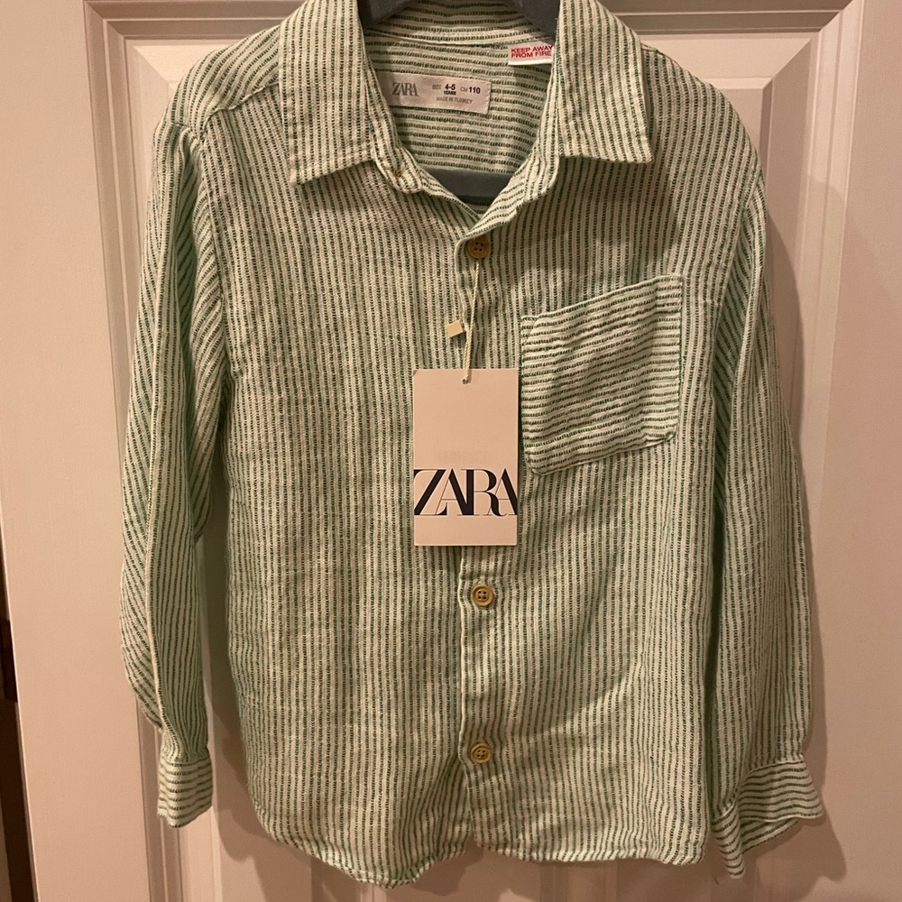 Zara Boys Buttondown Stripe Collared Shirt Green Size 4-5